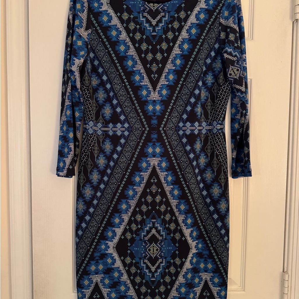 Karen Kane Blue And Black Patterned Long Sleeve Dress